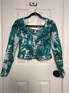 Guess by Marciano Teal Botanical Long-Sleeve Crop Top